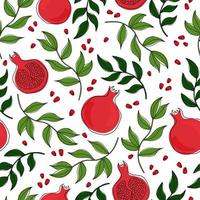 Seamless pattern with pomegranates and leaves. Doodle style summer illustration. vector