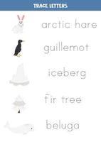 Trace the names of cute arctic animals. Handwriting practice for preschool kids. vector