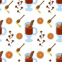 Seamless mulled wine pattern. Spices for mulled wine, honey, orange. Vector illustration on a white background.