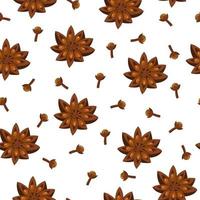 Seamless pattern of anise and carnation stars. Spices for mulled wine. Vector illustration on a white background.