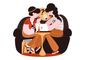 Mentoring concept. Two women sitting on a sofa and solving a problem. Vector. vector