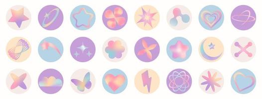 Set of mesh gradient stickers in pastel colors. Abstract y2k geometric shapes in trendy retro style. vector