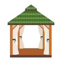 Vector gazebo with green roof. Pergola for relaxing in the garden. Light architectural structure located in a garden or park. White isolated background.