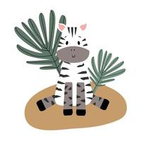 Cute vector zebra. Cartoon zebra, palm tree. Charming African animal isolated on white background. Print design on children's t-shirt. Flat style postcard design. Children's theme.