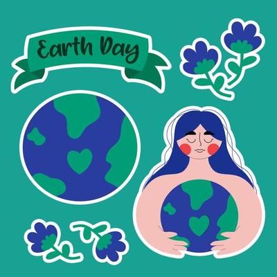 A mini stickers set for Earth day. Planet globe, flowers, banner. Cute woman embraces planet Earth with care and love. Mother nature.  Save our planet. Go green. Trendy flat style.