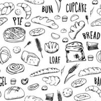 bread outline pattern. Drawing rye, whole grain and wheat bread, pretzel, muffin, pita bread, ciabatta, croissant, bagel, toast bread, French baguette for bakery menu decoration. Vector illustration.