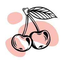 Girl's beautiful transferable temporary tattoo. Cherry in the style of lineart and engraving.  Two berries vector