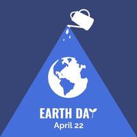 Earth day poster depicting the white globe, a watering can and 'Earth day' inscription on the blue background. A watering can waters the Earth. vector