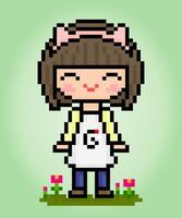 8 bit pixel of the cute girl. Cartoon women in vector illustrations.