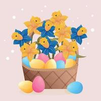 Cute cartoon Easter wicker basket with colorful eggs and yellow and blue daffodils. Happy Easter postcard with elements and flowers vector