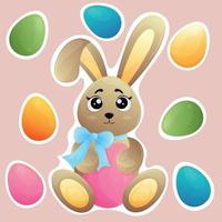 Easter set of stickers with a cute brown bunny with a blue bow, cute eyes, a folded ear and a pink egg in paws, colorful gradient easter eggs. Happy Easter cartoon animal character vector