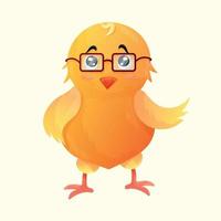 Yellow cute cartoon unusual smart chicken with square glasses. Easter little chick boy with glasses and cute eyes. Cute cartoon animal for children or postcard vector