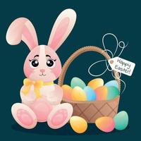 Easter cute pink bunny with a yellow bow around his neck and an Easter basket with colorful eggs. Happy Easter cartoon postcard with funny bunny and wicker basket vector