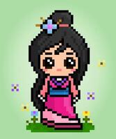 8 bit pixels women wear Hanfu dresses. Chinese girls in vector illustrations for game assets or cross stitch patterns.