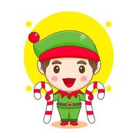 Cute elf with christmas candy chibi cartoon character vector