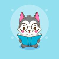 Cartoon illustration cute nerd husky character reading a book vector