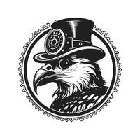 eagle wearing steampunk hat, logo concept black and white color, hand drawn illustration vector