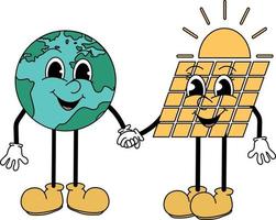 drawing of the planet earth in trendy retro cartoon style, groovy 70s with alternative energy, solar panels. save energy. Vector illustration