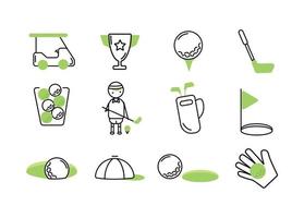 Golf icons set. Golf ball on a stand. A golfer with a stick near the ball on a stand. Cap. Golf ball near the hole vector