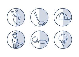 Golf icons set. Golf ball on a stand. Hockey stick. A bag of clubs. A golfer with a stick near the ball on a stand. Cap. vector