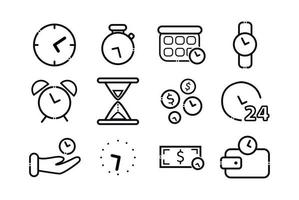 Time management icons set. Elements in the set calendar, alarm clock, hourglass, wristwatch, clock, time is money, timer, time in hand. vector