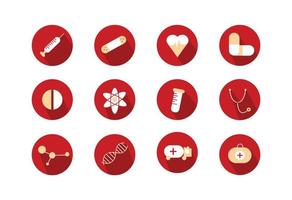 Medicine icons set. Elements in the set tablet, dna, syringe, capsule, heart, medical suitcase, stethoscope, ambulance, ambulance, test tube. vector