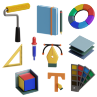 3d graphic designer set icon includes paint roll, eyedropper, notes, circleof color, 3d cube, etc perfect for design project png