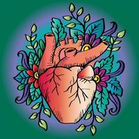 Doodle human heart with floral decoration. vector