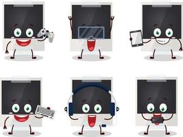 Black polaroid cartoon character are playing games with various cute emoticons vector