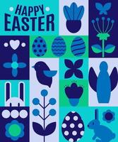 Happy Easter. Geometric abstract style. Easter eggs, rabbit., flowers, bird, angel. Blue colors vector