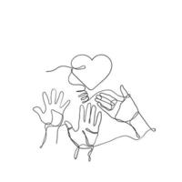 continuous line drawing Hands of people reaching for love together illustration vector