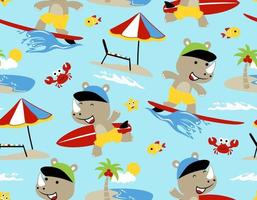 Seamless pattern vector of rhino cartoon surfing in the beach, beach element cartoon