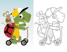 Coloring book or page of funny turtle and little mouse cartoon on scooter vector