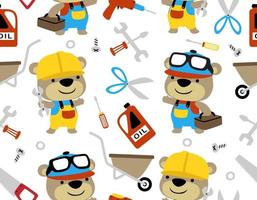 Seamless pattern vector of little bear cartoon in mechanic costume, builder and mechanic element