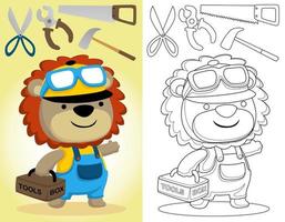 Coloring book or page of funny lion cartoon in builder costume carrying toolbox with worker tools vector