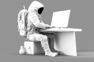 3D Astronaut sits at a desk and works on the laptop. Side View. photo