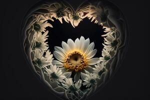 ai generado corazón forma en hueco tener flor exposición en negro antecedentes. foto