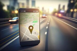 ai generado punto en teléfono inteligente con GPS navegador icono y mapa en difuminar tráfico la carretera resumen antecedentes foto