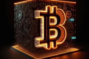 3D ultra realistic Bitcoin logo with neon light. Blockchain technology and cryptocurrency concept. photo