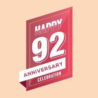 92nd anniversary celebration vector pink 3d design on brown background abstract illustration