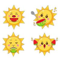 Bundle set Cute Sun doing summer activities cartoon character. Eating watermelon, ice cream, drinking coconut. Summer concept design. Vector art illustration