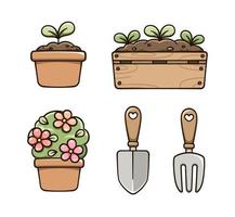 Gardening clipart set. Indoor house plants and tools. Cute spring summer digital stickers cartoon illustration. vector