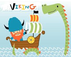 Cartoon of Viking on sailboat with sea monster vector