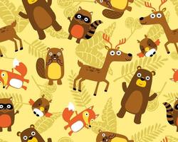 Seamless pattern vector of funny woods animals cartoon on leaves background