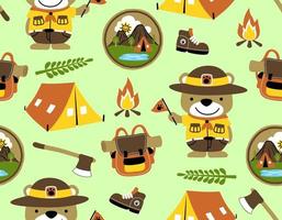 Seamless pattern vector of funny bear cartoon in scout costume, camping element illustration