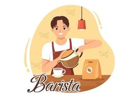 barista ilustración con vistiendo en pie delantal haciendo café para cliente en plano dibujos animados mano dibujado aterrizaje página o web bandera modelo vector