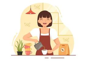 Barista Illustration With Wearing Standing Apron Making Coffee for Customer in Flat Cartoon Hand Drawn Landing Page or Web Banner Template vector