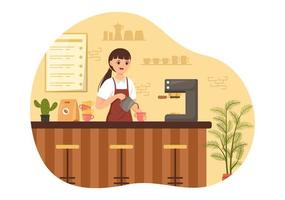 Barista Illustration With Wearing Standing Apron Making Coffee for Customer in Flat Cartoon Hand Drawn Landing Page or Web Banner Template vector