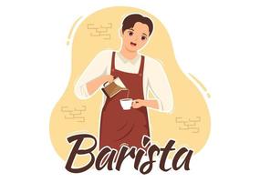 barista ilustración con vistiendo en pie delantal haciendo café para cliente en plano dibujos animados mano dibujado aterrizaje página o web bandera modelo vector