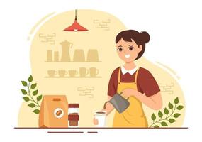 barista ilustración con vistiendo en pie delantal haciendo café para cliente en plano dibujos animados mano dibujado aterrizaje página o web bandera modelo vector